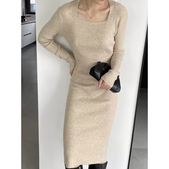 Simple Skinny Long Sleeves Solid Color Square-Neck Sweater Dresses