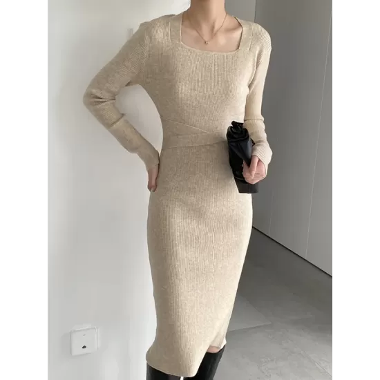 Simple Skinny Long Sleeves Solid Color Square-Neck Sweater Dresses