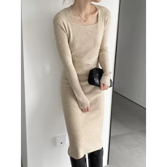 Simple Skinny Long Sleeves Solid Color Square-Neck Sweater Dresses