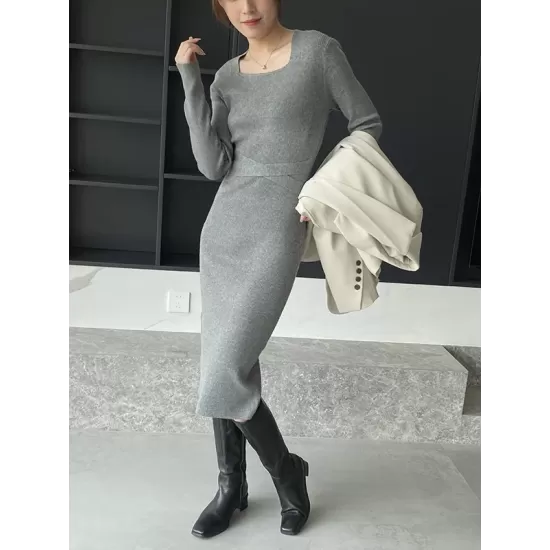 Simple Skinny Long Sleeves Solid Color Square-Neck Sweater Dresses