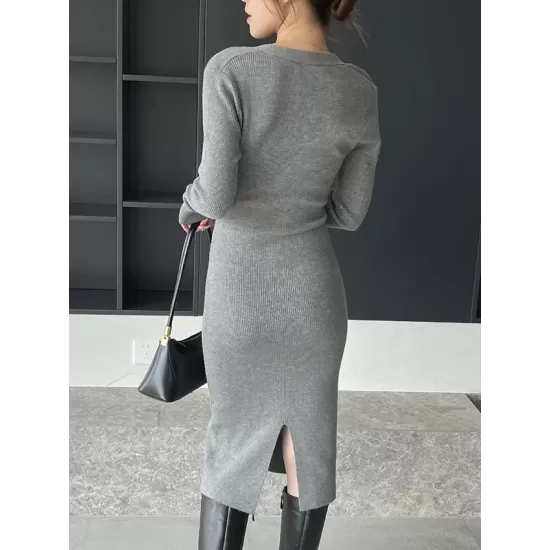 Simple Skinny Long Sleeves Solid Color Square-Neck Sweater Dresses