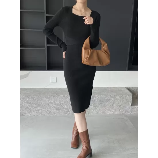 Simple Skinny Long Sleeves Solid Color Square-Neck Sweater Dresses