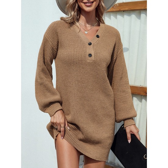 Casual Puff Sleeves Solid Color V-Neck Sweater Dresses