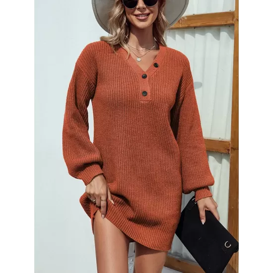 Casual Puff Sleeves Solid Color V-Neck Sweater Dresses