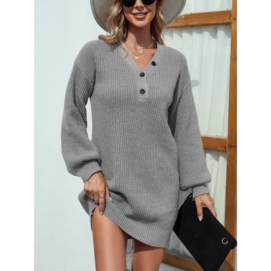 Casual Puff Sleeves Solid Color V-Neck Sweater Dresses