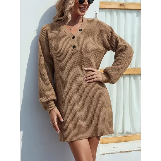 Casual Puff Sleeves Solid Color V-Neck Sweater Dresses