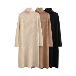 Simple Long Sleeves Loose Solid Color High-Neck Sweater Dresses