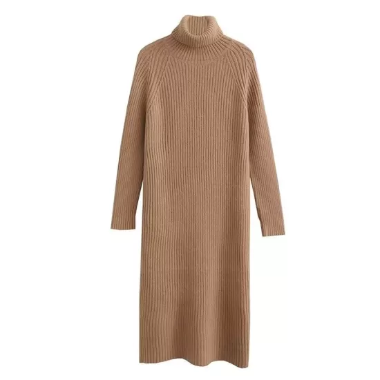 Simple Long Sleeves Loose Solid Color High-Neck Sweater Dresses