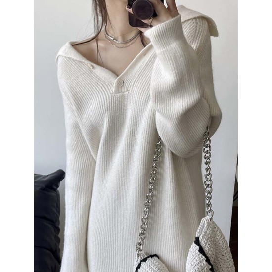 Simple Long Sleeves Loose Buttoned Solid Color High-Neck Sweater Dresses