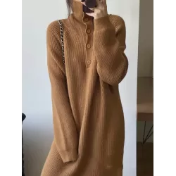 Simple Long Sleeves Loose Buttoned Solid Color High-Neck Sweater Dresses