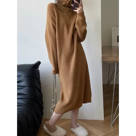 Simple Long Sleeves Loose Buttoned Solid Color High-Neck Sweater Dresses