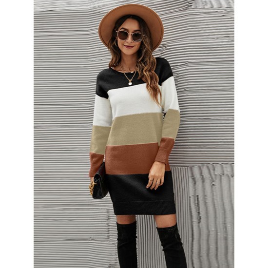 Casual Long Sleeves Contrast Color Round-Neck Sweater Dresses