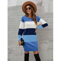 Casual Long Sleeves Contrast Color Round-Neck Sweater Dresses