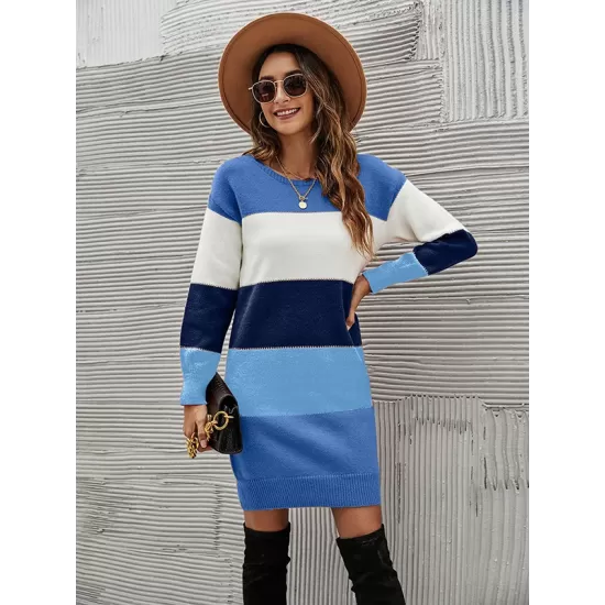 Casual Long Sleeves Contrast Color Round-Neck Sweater Dresses