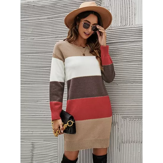 Casual Long Sleeves Contrast Color Round-Neck Sweater Dresses