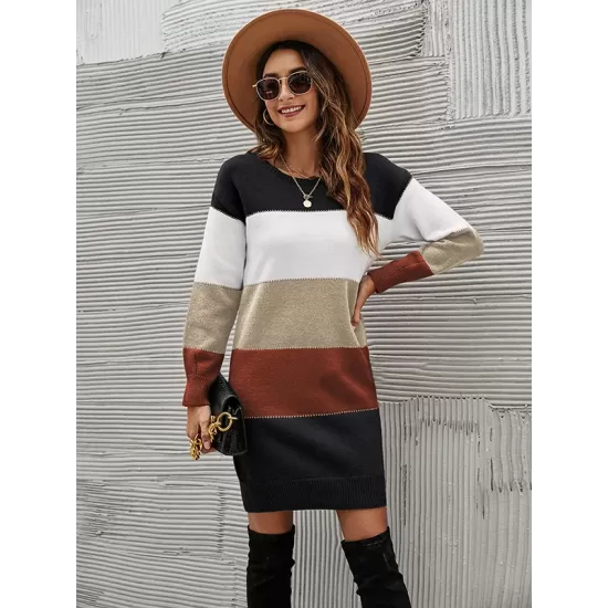 Casual Long Sleeves Contrast Color Round-Neck Sweater Dresses