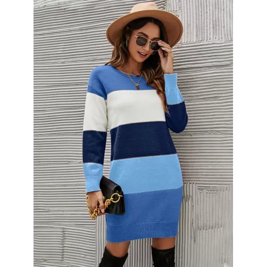 Casual Long Sleeves Contrast Color Round-Neck Sweater Dresses