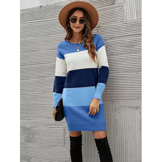 Casual Long Sleeves Contrast Color Round-Neck Sweater Dresses