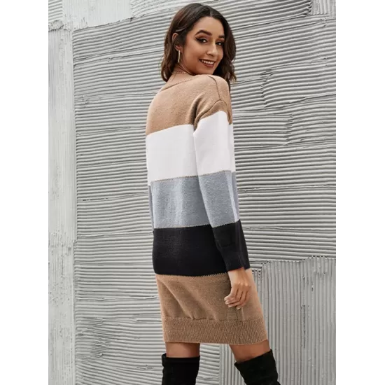 Casual Long Sleeves Contrast Color Round-Neck Sweater Dresses