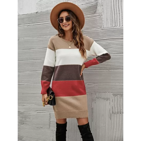 Casual Long Sleeves Contrast Color Round-Neck Sweater Dresses