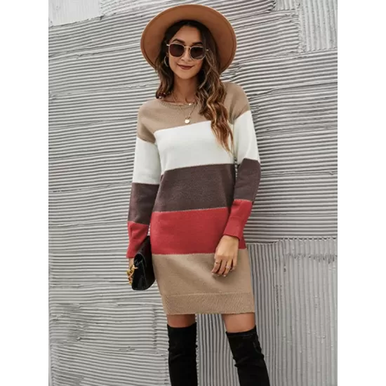 Casual Long Sleeves Contrast Color Round-Neck Sweater Dresses