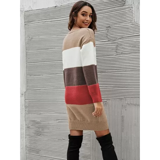 Casual Long Sleeves Contrast Color Round-Neck Sweater Dresses