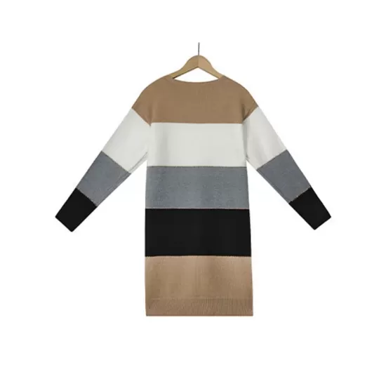 Casual Long Sleeves Contrast Color Round-Neck Sweater Dresses