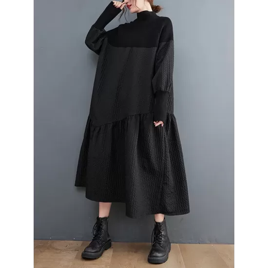 Casual Long Sleeves Loose Split-Joint Jacquard High-Neck Sweater Dresses