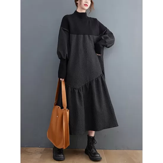 Casual Long Sleeves Loose Split-Joint Jacquard High-Neck Sweater Dresses