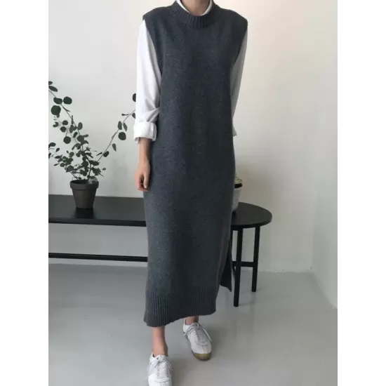 Urban Loose Sleeveless Solid Color Round-Neck Midi Dresses Sweater Dresses