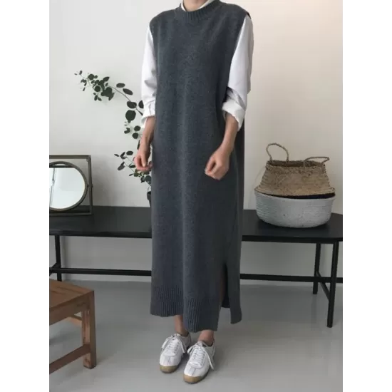 Urban Loose Sleeveless Solid Color Round-Neck Midi Dresses Sweater Dresses