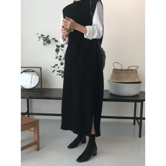 Urban Loose Sleeveless Solid Color Round-Neck Midi Dresses Sweater Dresses