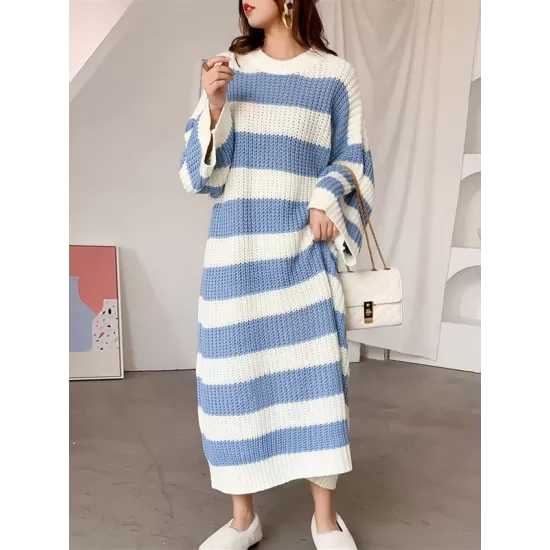 Stylish Loose Striped Round-Neck Sweater Dresses