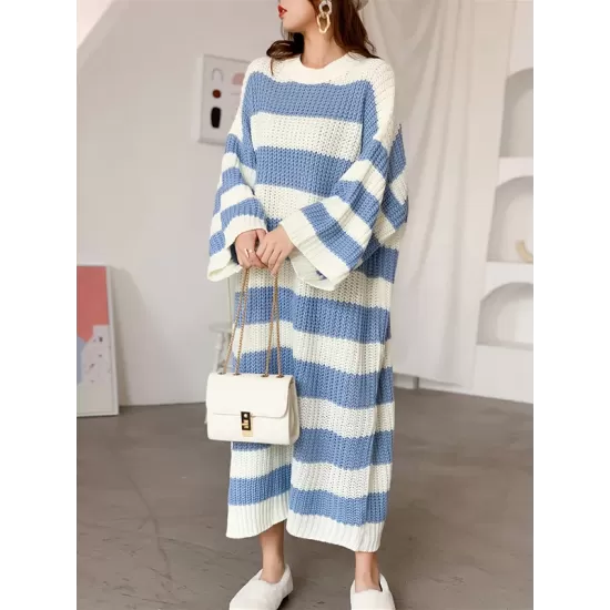 Stylish Loose Striped Round-Neck Sweater Dresses