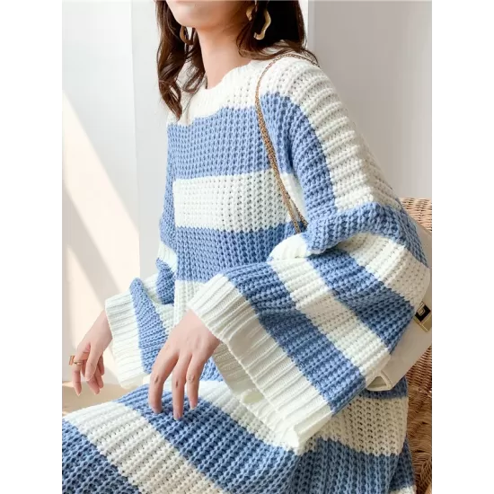 Stylish Loose Striped Round-Neck Sweater Dresses