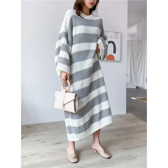 Stylish Loose Striped Round-Neck Sweater Dresses