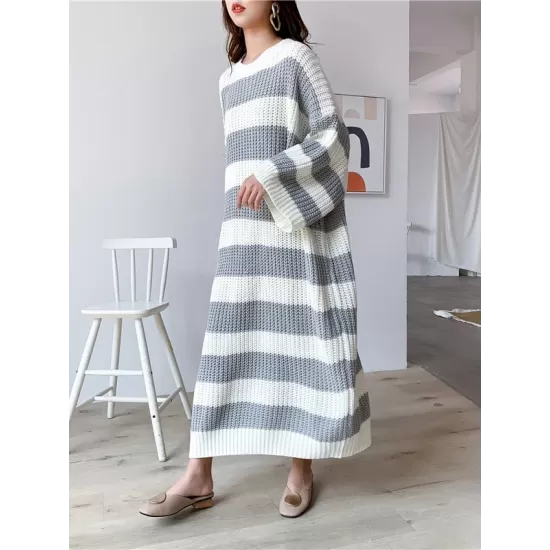 Stylish Loose Striped Round-Neck Sweater Dresses