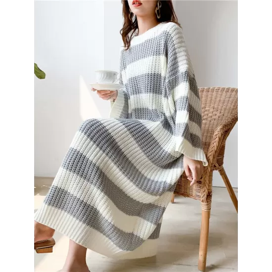 Stylish Loose Striped Round-Neck Sweater Dresses