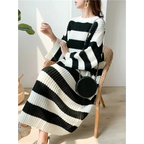 Stylish Loose Striped Round-Neck Sweater Dresses