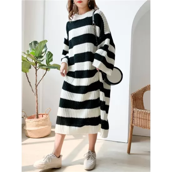 Stylish Loose Striped Round-Neck Sweater Dresses