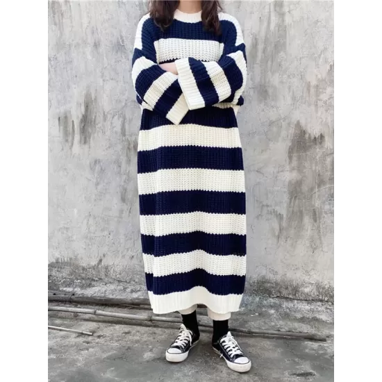 Stylish Loose Striped Round-Neck Sweater Dresses