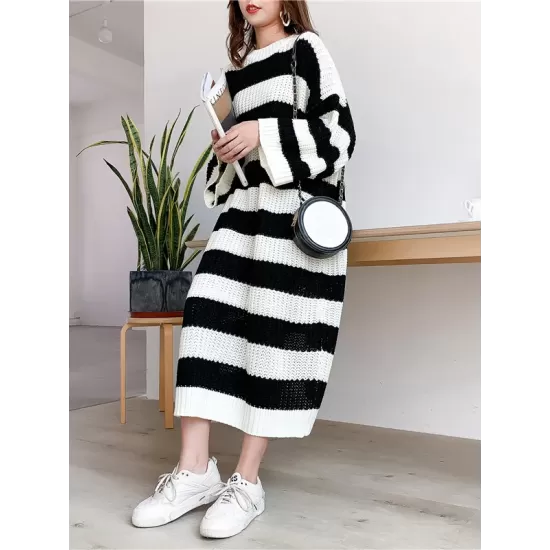 Stylish Loose Striped Round-Neck Sweater Dresses