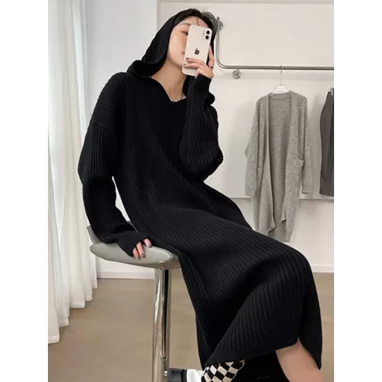 Stylish Long Sleeves Loose Solid Color Hooded Sweater Dresses