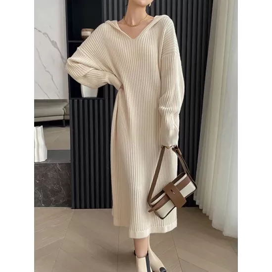 Stylish Long Sleeves Loose Solid Color Hooded Sweater Dresses