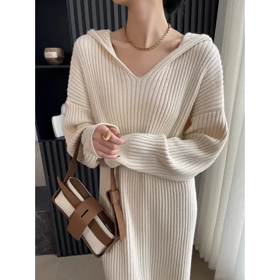 Stylish Long Sleeves Loose Solid Color Hooded Sweater Dresses