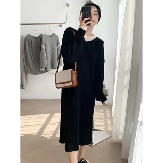 Stylish Long Sleeves Loose Solid Color Hooded Sweater Dresses