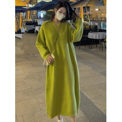 Urban Loose Long Sleeves Solid Color V-Neck Sweater Dresses