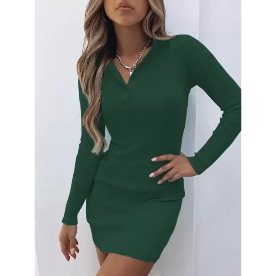 Casual Bodycon Skinny Solid Color V-Neck Sweater Dresses