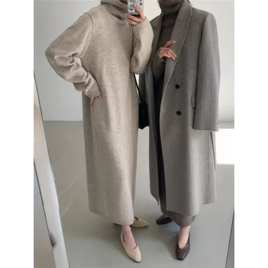 Casual Long Sleeves Loose Solid Color High-Neck Sweater Dresses