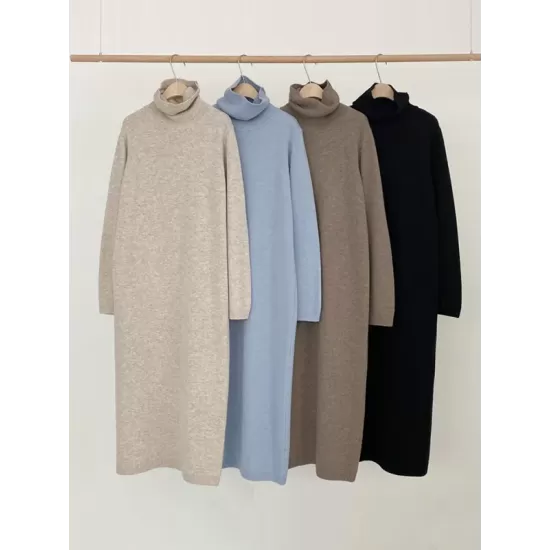 Casual Long Sleeves Loose Solid Color High-Neck Sweater Dresses